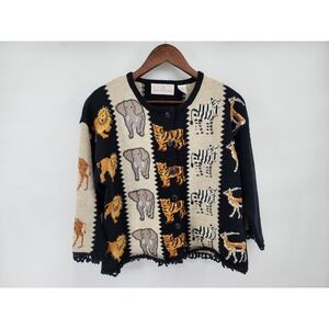 Jane's Closet Vintage Safari Animal Print Beaded Cardigan Sweater Size M